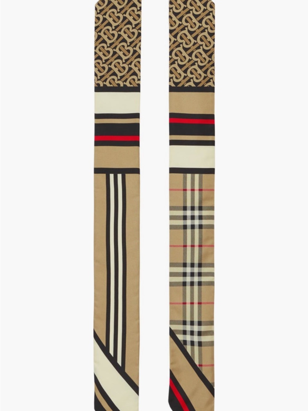 Burberry Beige Black Red Monogram & Check Silk Scarf Tie